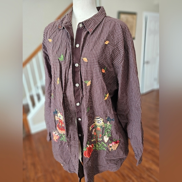 Bobbie Brooks Tops - VTG Bobbie Brooks Scarecrow Embroidered Fall Button Up Shirt Size 22/24W
